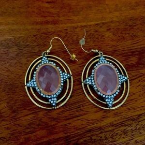 Vtg Victorian 14k Plated Rose Quartz & Crystal Round Drop Dangle Large  Earrings